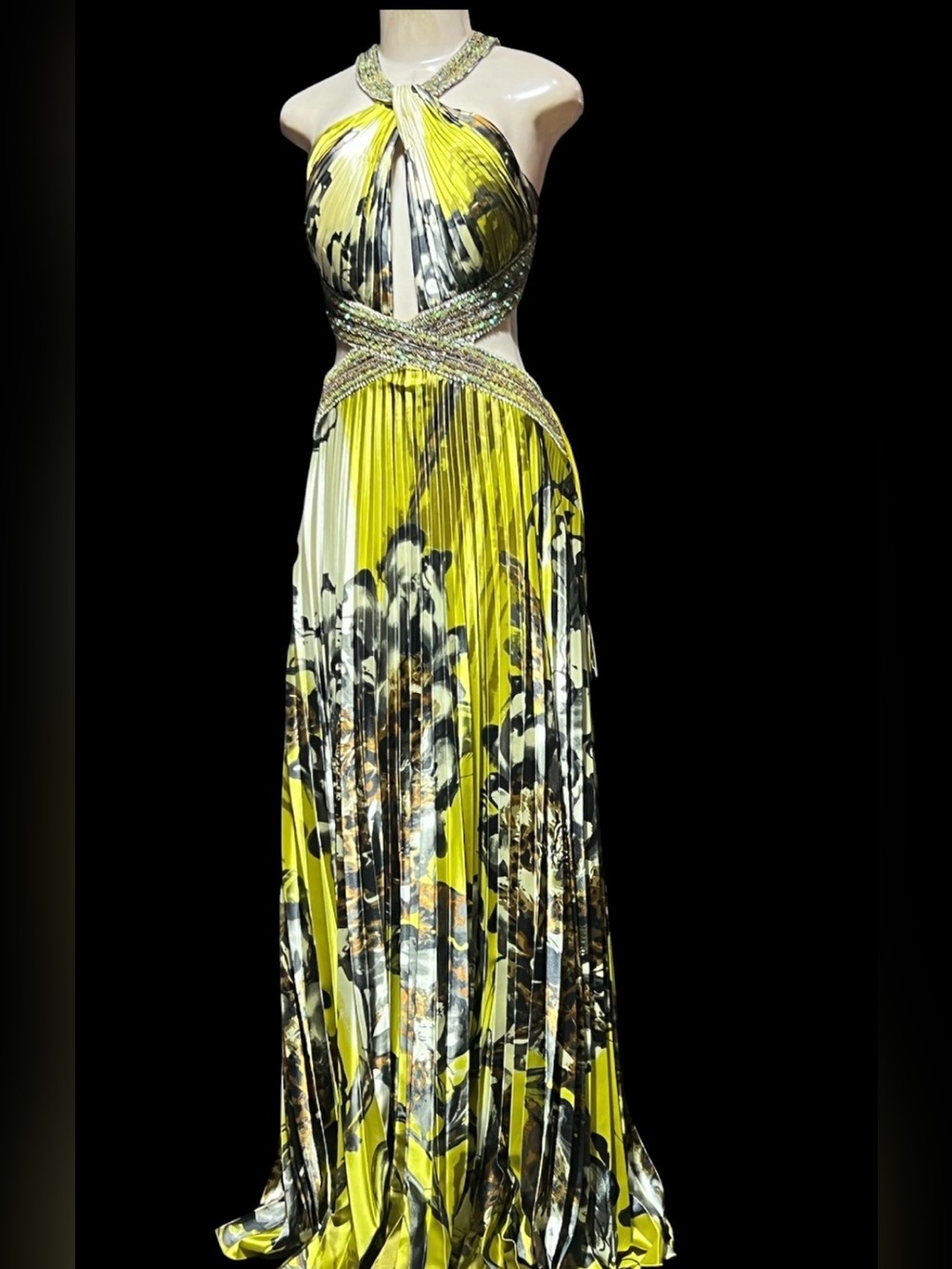 Aspeed Yellow Floral Pleated Halter Maxi Dress with Crystal Waist